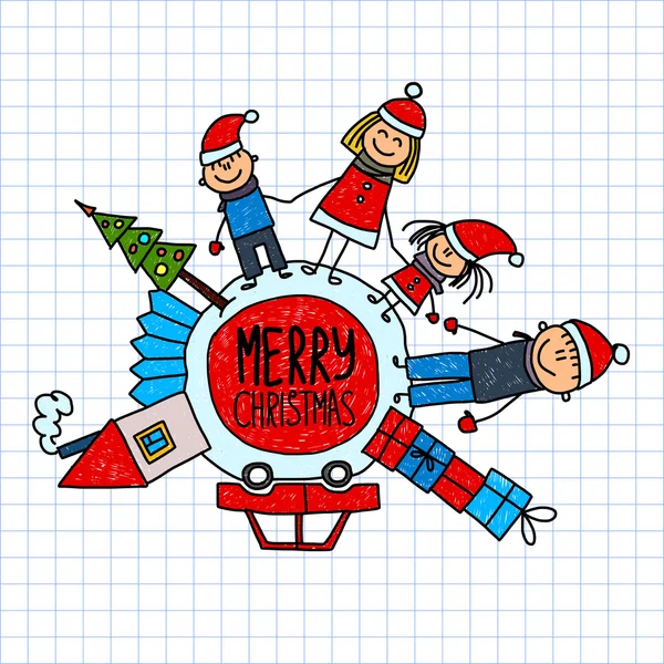 Kellemes karácsonyi ünnepeket és boldog új évet. Gyerekek rajz. — Stock Vector