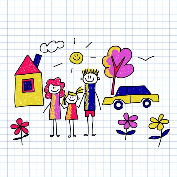 Imagen vectorial. Familia feliz. Dibujo infantil — Archivo Imágenes Vectoriales
