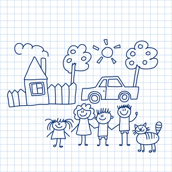 Familia feliz con casa y coche — Vector de stock