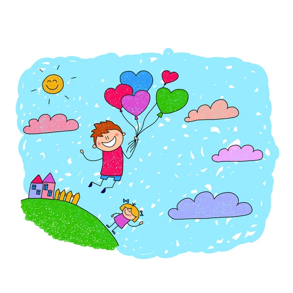 Cartoon jongen vliegen op hete lucht ballonnen. — Stockvector