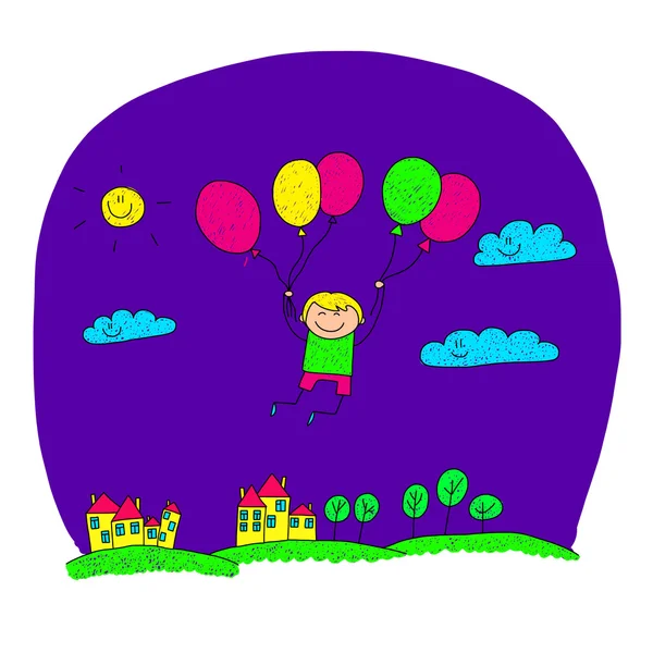 Cartoon jongen vliegen op hete lucht ballonnen. — Stockvector