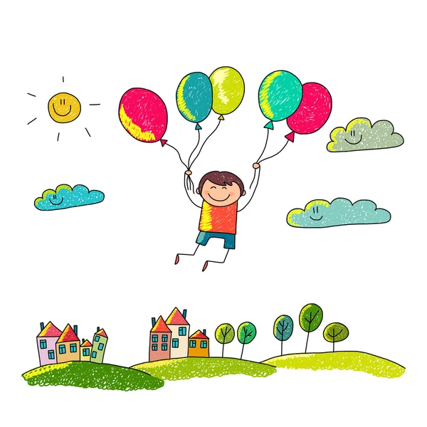 Cartoon-Junge fliegt auf Heißluftballons. — Stockvektor