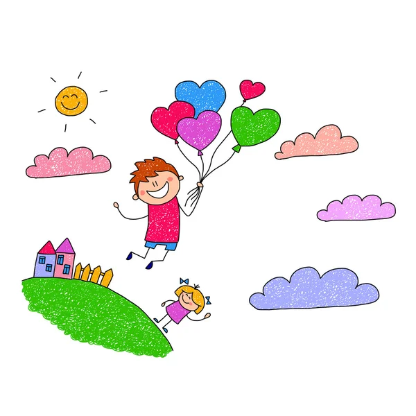Cartoon boy fly at hot air balloons. Royalty Free Stock Illustrations