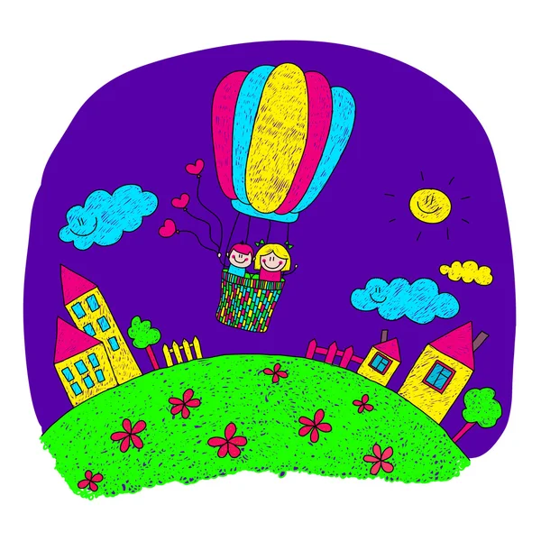 Cartoon kids fly at hot air balloon. Stock Illustration