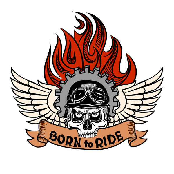 Vintage Biker Skull with wings and flame