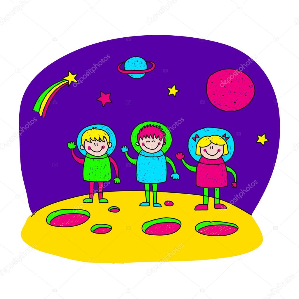 Immagine di bambini felici Viaggio nello spazio verso la luna Disegno dei bambini — Vettoriali di Helen F