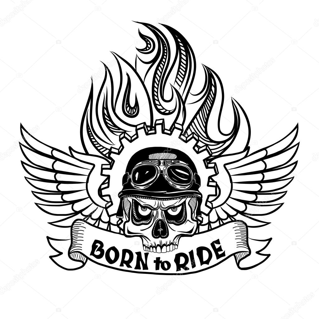 Vintage Biker Skull with wings and flame
