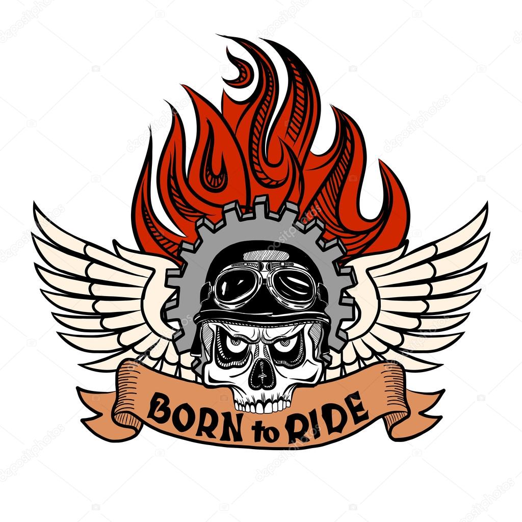 Vintage Biker Skull with wings and flame. Vector image