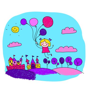Balonlar ile mutlu kız vektör çizim.