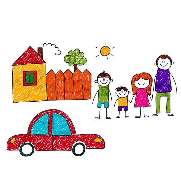 Immagine vettoriale di famiglia felice con auto e casa — Vettoriale Stock