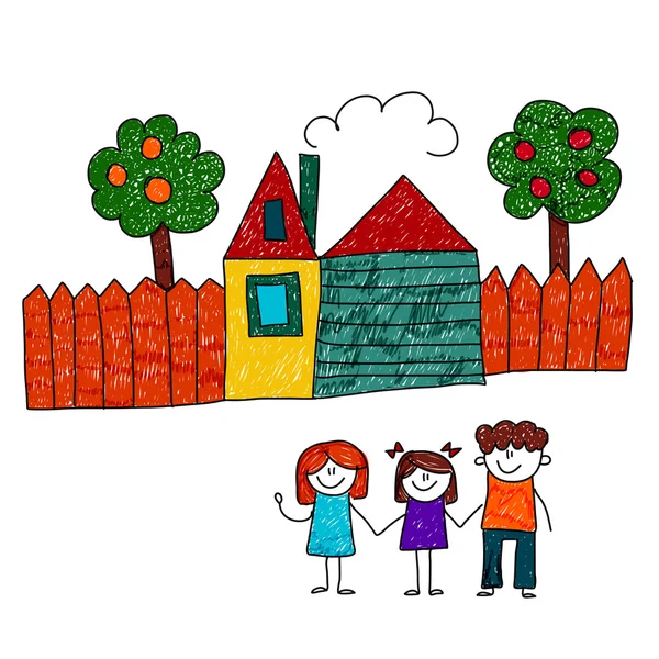 Imagen vectorial de familia feliz con casa y jardín — Vector de stock