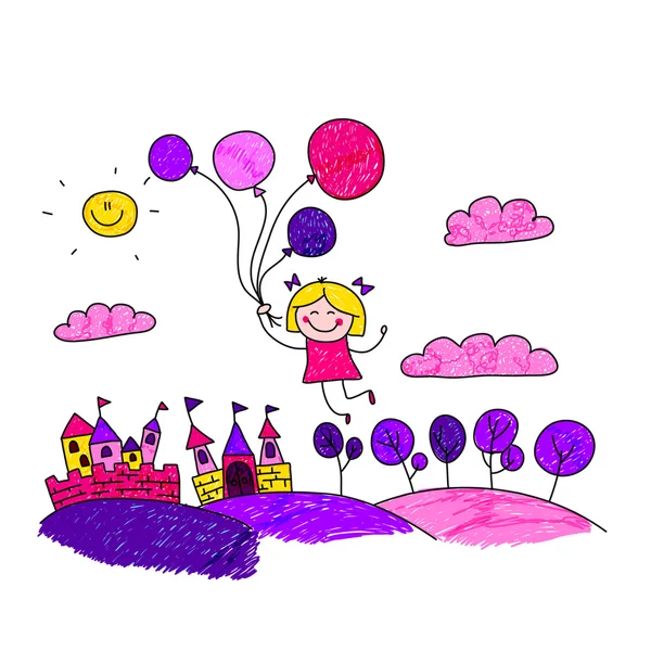 Vectorillustratie van gelukkig meisje met ballonnen — Stockvector