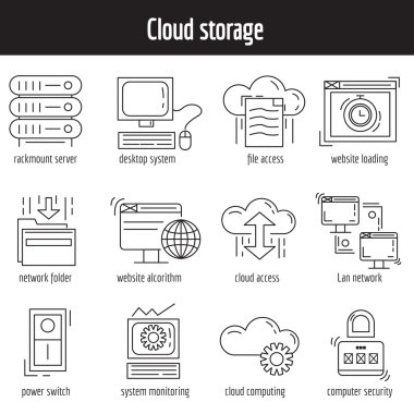 Vektör set doğrusal simgeler bulut depolama