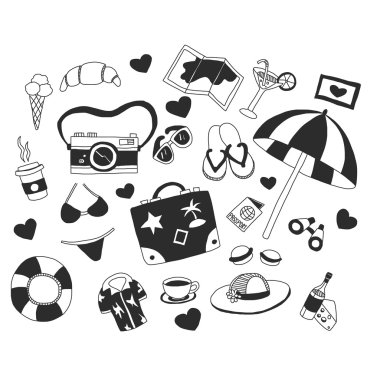 Seyahat etmek simge elle çizilmiş öğeleri kümesi vektör