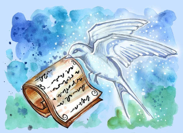 Ilustrace létající vlaštovka drží papíry v jeho zobák — Stock fotografie