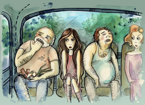 Buszos utazás. Illusztráció a régi buszon ülő emberek — Stock Fotó