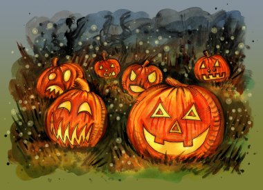 Grup mum yaktı Halloween pumpkins sahada oymalı