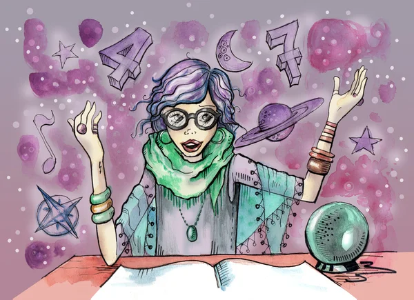 Female Fortuneteller with crystal ball and magic symbols all around her — Stock Photo, Image