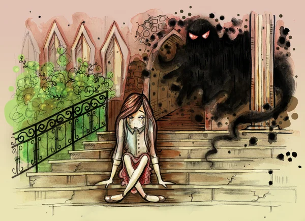 Watercolor illustration of little girl sitting on the old stoned stairs with evil ghost behind her — Stock Photo, Image