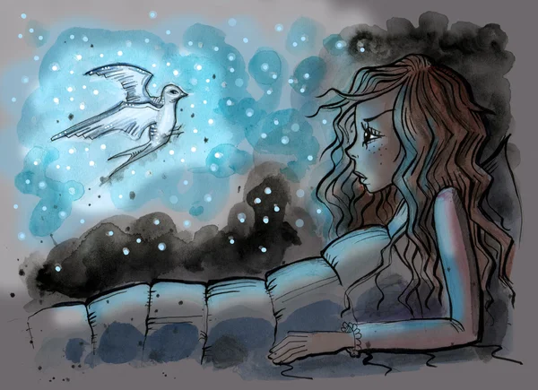 Watercolor illustration of girl in her bed with magical swallow beside — Stock Photo, Image