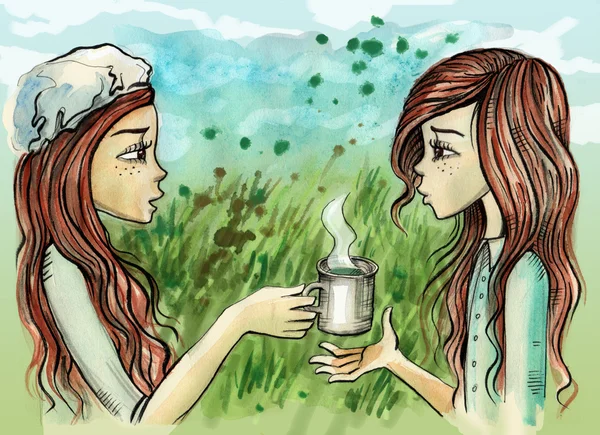 Twin sisters sharing a cup of tea — Stock Photo, Image