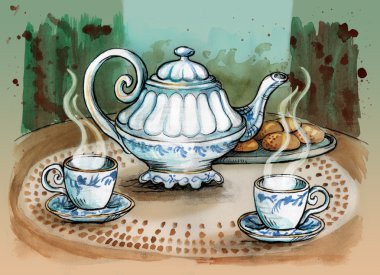 Teapot and tea cups on the table clipart