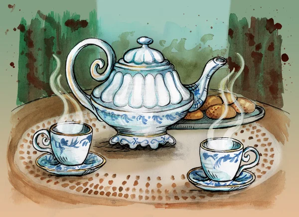 Teapot and tea cups on the table — Stock Photo, Image