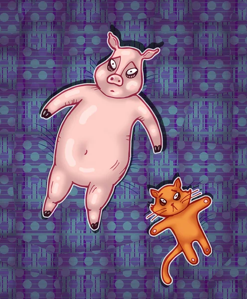 Illustration von Schwein und Kätzchen im Liegen — Stockfoto