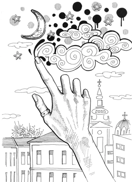 Vrouwelijke hand wolken puttend uit de hemel — Stockfoto