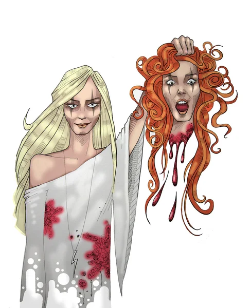 Long haired blonde woman holding the severed head — Stock Image Long haired blonde woman holding the severed head Stock Photo