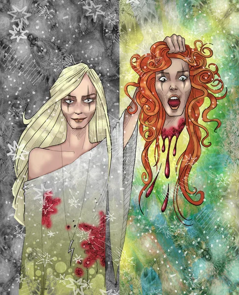 Long haired blonde woman holding the severed head — Stock Image Long haired blonde woman holding the severed head Stock Picture