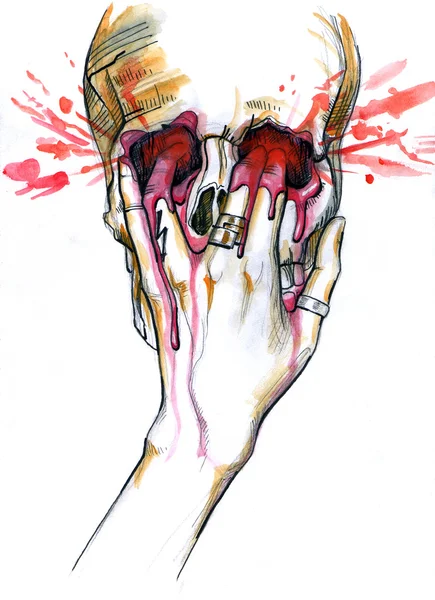 Crânio com a mão feminina empurrando os dedos para dentro — Fotografia de Stock