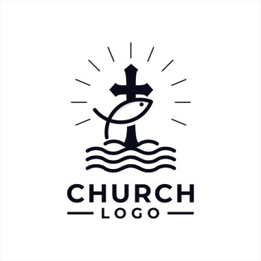 Kilise logosu, topluluk için çapraz ve dalga şeklinde balık tasarım vektörü