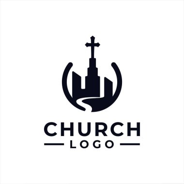 Modern topluluk için nehir kenti ve bina içeren kilise logosu tasarımı vektörü