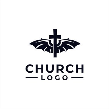 Çapraz ve kanatlı kilise logosu tasarımı vektörü
