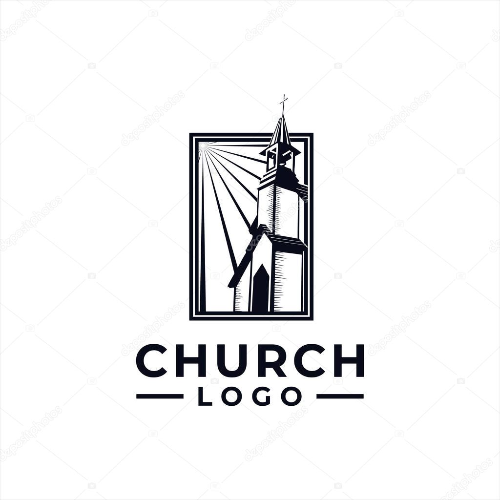Church Logo Design Vector With Hand Drawn Classic Style for community