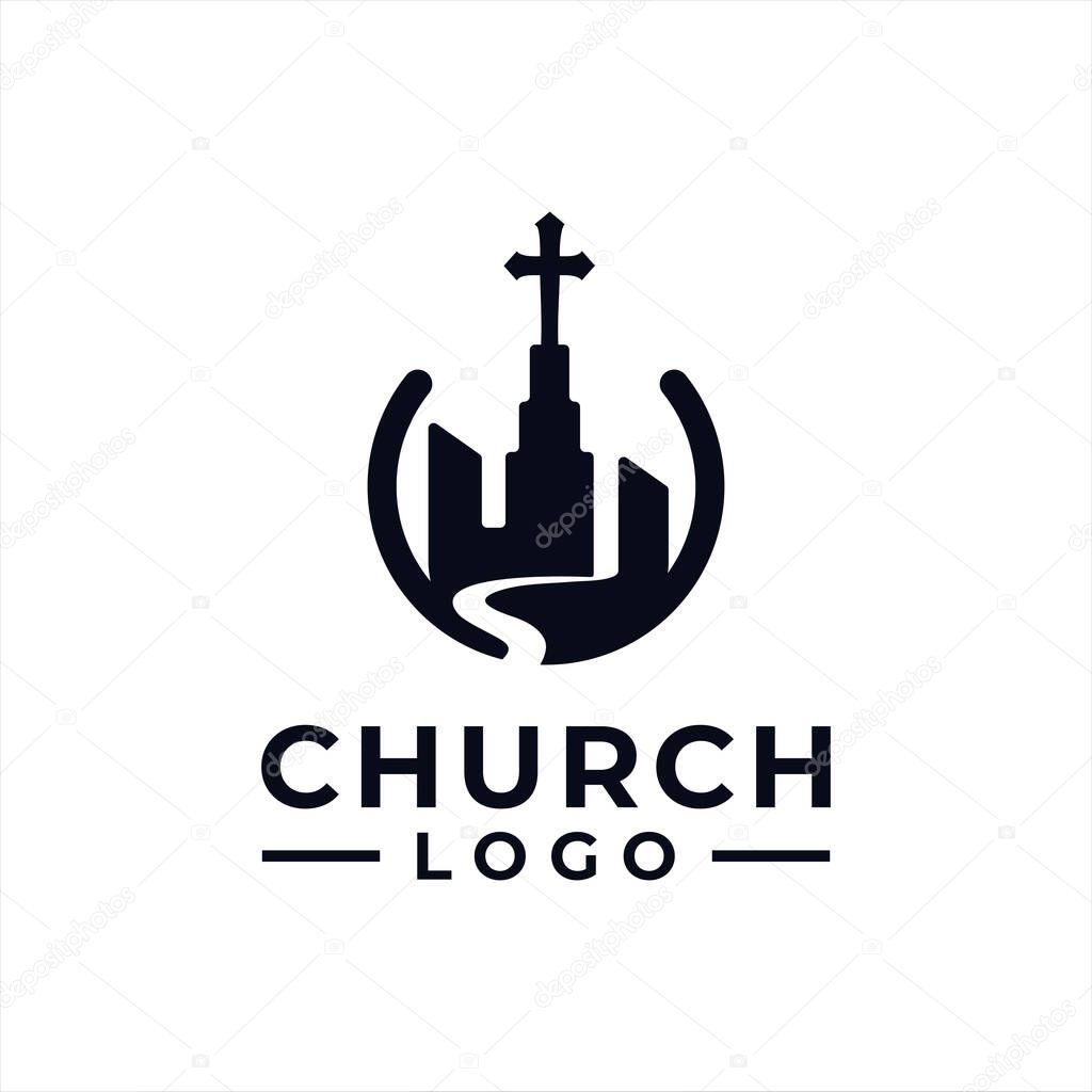 church logo design vector with river city and building for modern community