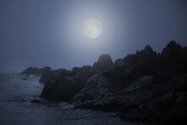 Rocky coast in a foggy full moon night