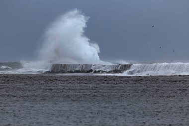 Nehirdeki gençlik rıhtımına ve fenere şiddetli dalgalar vuruyor. Portekiz 'in kuzeyinde, Ave Nehri ağzında..