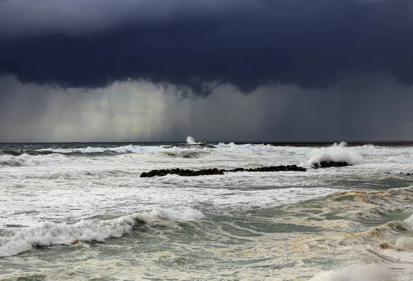 Sea Storm Rain Waves Harbor Entry Povoa Varzim North Portugal — Stock Photo, Image