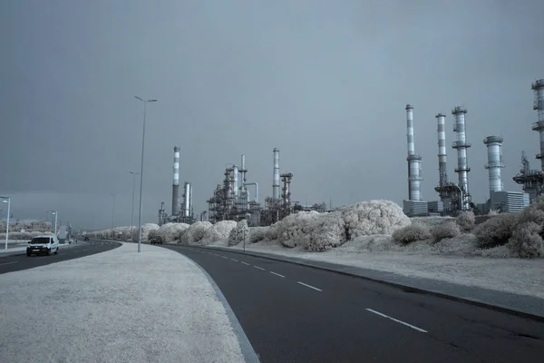 Part Big Oil Refinery Road Used Infrared Filter Toned Blue — Stock Photo, Image