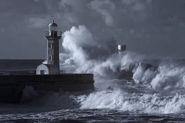 Bouře Starém Majáku Ústí Řeky Douro Porto Portugalsko Použitý Infračervený — Stock fotografie