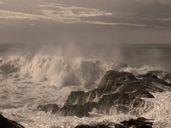 Big breaking stormy wave. Northern portuguese rocky coast.