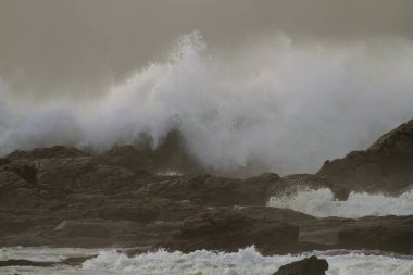 Kıyıdaki fırtına kayaların ve kayalıkların üzerinden büyük bir dalganın sıçrama ve püskürme gördüğünü gösteriyor.