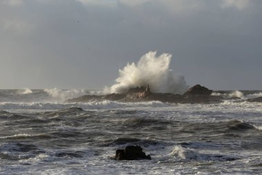 Kıyıdaki fırtına kayaların ve kayalıkların üzerinden büyük bir dalganın sıçrama ve püskürme gördüğünü gösteriyor.