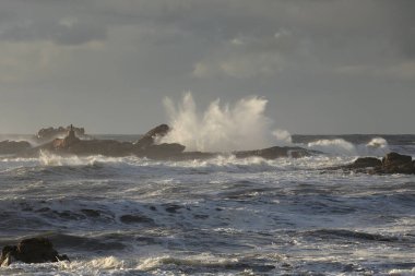 Kıyıdaki fırtına kayaların ve kayalıkların üzerinden büyük bir dalganın sıçrama ve püskürme gördüğünü gösteriyor.