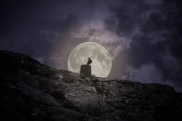 Cuervo Sobre Una Marca Geodésica Contra Cielo Nublado Luna Llena — Foto de Stock