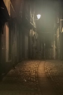 Geceleyin Oporto 'dan gelen sisli dar eski cadde.