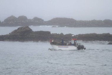 Sisli bir sabahta küçük bir balıkçı teknesi çalışıyor. Kuzey Portekiz kayalık kıyıları.