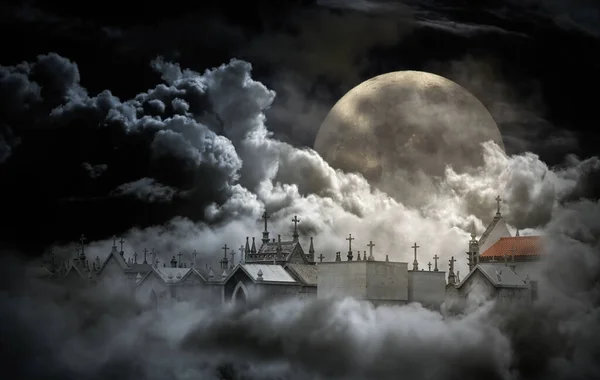 Mysterious Old Cemeteryin Middle Clouds Full Moon Night — Stock Photo, Image